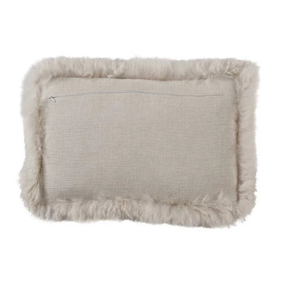 12"x20" Oversize Luxurious Linen Poly Filled With Plush Lamb Fur Border Lumbar Throw Pillow - Saro Lifestyle 3 12"x20" Oversize Luxurious Linen Poly Filled With Plush Lamb Fur Border Lumbar Throw Pillow - Saro Lifestyle