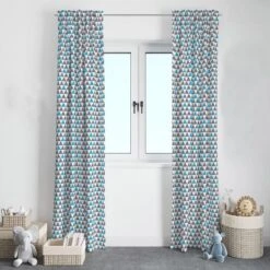 Bacati - Grey/Aqua Triangles Boys Cotton Printed Single Window Curtain Panel