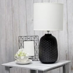 20.4" Traditional Ceramic Purled Texture Bedside Table Desk Lamp With White Fabric Drum Shade Black - Simple Designs -Home Decor Store GUEST 260a8812 54b0 4a31 81ce 07287a28366a