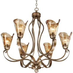 Franklin Iron Works Amber Scroll Golden Bronze Large Chandelier 31 1/2" Wide Rustic Art Glass 6-Light Fixture For Dining Room House Kitchen Island -Home Decor Store GUEST 2c32f972 5a61 4d0b 88ce 39ad4b591171