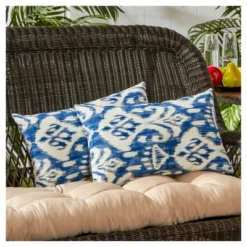 Set Of 2 Azule Ikat Outdoor Rectangle Throw Pillows - Kensington Garden