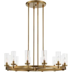 Stiffel Aron Brass Gold Wagon Wheel Chandelier 36" Wide Modern Clear Glass Shade 12-Light Fixture For Dining Room House Foyer Kitchen Island Entryway -Home Decor Store GUEST 3226655e 24bd 4dd1 965c 3e04493a7428