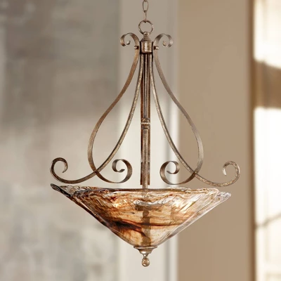 Franklin Iron Works Amber Scroll Golden Bronze Pendant Chandelier 24 3/4" Wide Rustic Art Glass Bowl 3-Light Fixture For Dining Room Kitchen Island 3 Franklin Iron Works Amber Scroll Golden Bronze Pendant Chandelier 24 3/4" Wide Rustic Art Glass Bowl 3-Light Fixture For Dining Room Kitchen Island