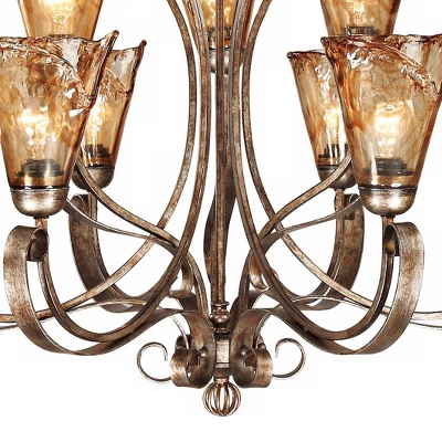 Franklin Iron Works Amber Scroll Golden Bronze Large Chandelier 35 1/2" Wide Rustic Art Glass 9-Light Fixture For Dining Room House Kitchen Island 5 Franklin Iron Works Amber Scroll Golden Bronze Large Chandelier 35 1/2" Wide Rustic Art Glass 9-Light Fixture For Dining Room House Kitchen Island - Image 3