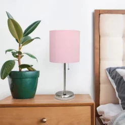 19.5" Bedside USB Port Feature Metal Table Desk Lamp Brushed Steel With Light Pink Fabric Shade - Creekwood Home -Home Decor Store GUEST 5d653d18 a921 40f0 aad2 e92b21c623ec