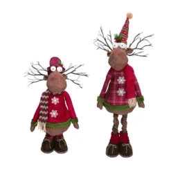 Transpac Fabric 35 In. Brown Christmas Plush Light Up Telescoping Reindeer Set Of 2