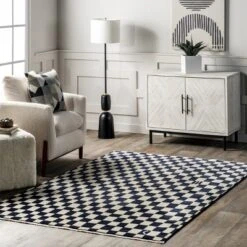 Dominique Abstract Checkered Fringe Area Rug