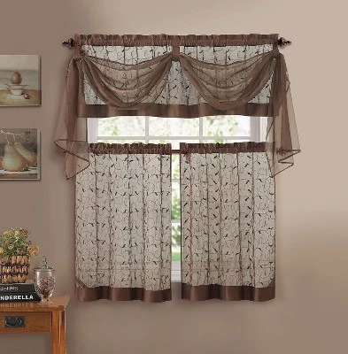 Kate Aurora Complete 4 Piece Linen Leaf Embroidered Complete Kitchen Curtain Set 9 Kate Aurora Complete 4 Piece Linen Leaf Embroidered Complete Kitchen Curtain Set - Image 7