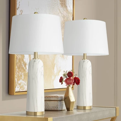 360 Lighting Maceao Modern Table Lamps 28" Tall Set Of 2 White Faux Marble Tapered Drum Shade For Bedroom Living Room Bedside Nightstand Office House 3 360 Lighting Maceao Modern Table Lamps 28" Tall Set Of 2 White Faux Marble Tapered Drum Shade For Bedroom Living Room Bedside Nightstand Office House