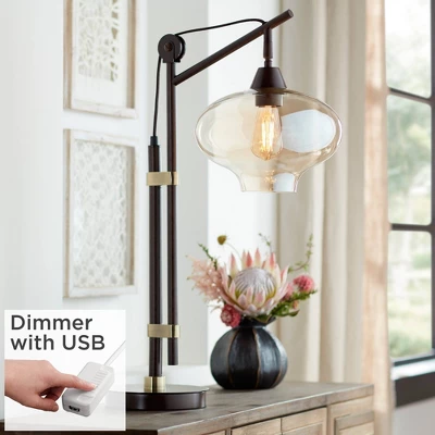 Franklin Iron Works Modern Industrial Desk Lamp 29" Tall With USB Charging Port Bronze Metal Cognac Glass Shade For Bedroom Living Room House Bedside 3 Franklin Iron Works Modern Industrial Desk Lamp 29" Tall With USB Charging Port Bronze Metal Cognac Glass Shade For Bedroom Living Room House Bedside