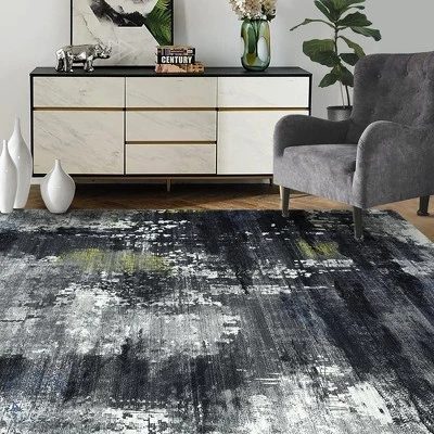 Trinity Modern Abstract Distressed Floor Mat, Black Gray 5' X 8' 3 Trinity Modern Abstract Distressed Floor Mat, Black Gray 5' X 8'