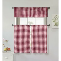 GoodGram Country Accents Burgundy Plaid Buffalo Check Kitchen Curtain Tier & Valance Set - 58 In. W X 15 In. L