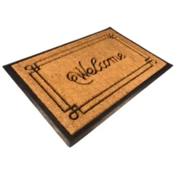 1'5" X 2'5" Cursive Welcome With Border Indoor/Outdoor Recycled Rubber And Coir Doormat Natural/Black - Entryways