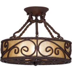 John Timberland Natural Mica Rustic Ceiling Light Semi Flush Mount Fixture 15" Wide Deep Walnut Scroll 3-Light Drum Shade For Bedroom Living Room Home -Home Decor Store GUEST be0b88f4 ad37 4755 b986 df767523fdb2