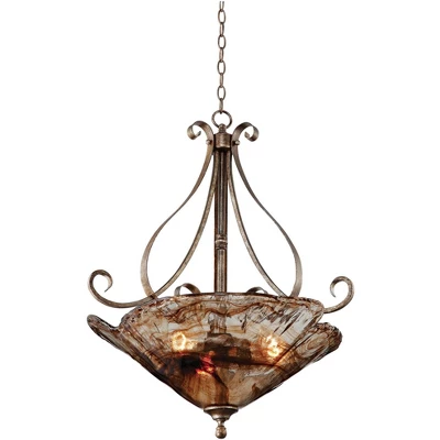 Franklin Iron Works Amber Scroll Golden Bronze Pendant Chandelier 24 3/4" Wide Rustic Art Glass Bowl 3-Light Fixture For Dining Room Kitchen Island 7 Franklin Iron Works Amber Scroll Golden Bronze Pendant Chandelier 24 3/4" Wide Rustic Art Glass Bowl 3-Light Fixture For Dining Room Kitchen Island - Image 5