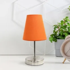 10.5" Petite Metal Stick Bedside Table Desk Lamp In Sand Nickel With Fabric Shade Orange - Creekwood Home -Home Decor Store GUEST cd90d4b9 d020 4d67 bd4b 251c8790e973