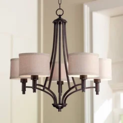 Franklin Iron Works La Pointe Oil Rubbed Bronze Pendant Chandelier 26" Wide Rustic Oatmeal Linen Shade 5-Light Fixture For Dining Room Kitchen Island