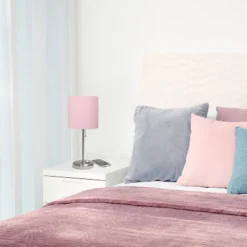 19.5" Bedside USB Port Feature Metal Table Desk Lamp Brushed Steel With Light Pink Fabric Shade - Creekwood Home -Home Decor Store GUEST dc0ff7ec e56d 4153 835b 2c95a56a1b89