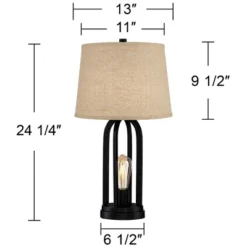 360 Lighting Marcel Industrial Table Lamps 24 1/4" High Set Of 2 Black With USB Port LED Nightlight Burlap Drum Shade For Bedroom Living Room Desk -Home Decor Store GUEST eb633317 f600 45d3 ae18 d56b75f16339