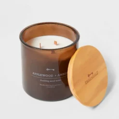 23oz XL 3-Wick Applewood + Amber Wooden Amber Glass With Wood Lid And Stamped Logo Amber - Threshold™ -Home Decor Store GUEST f40d0c95 1d11 403a 82b0 01cf711a1e06